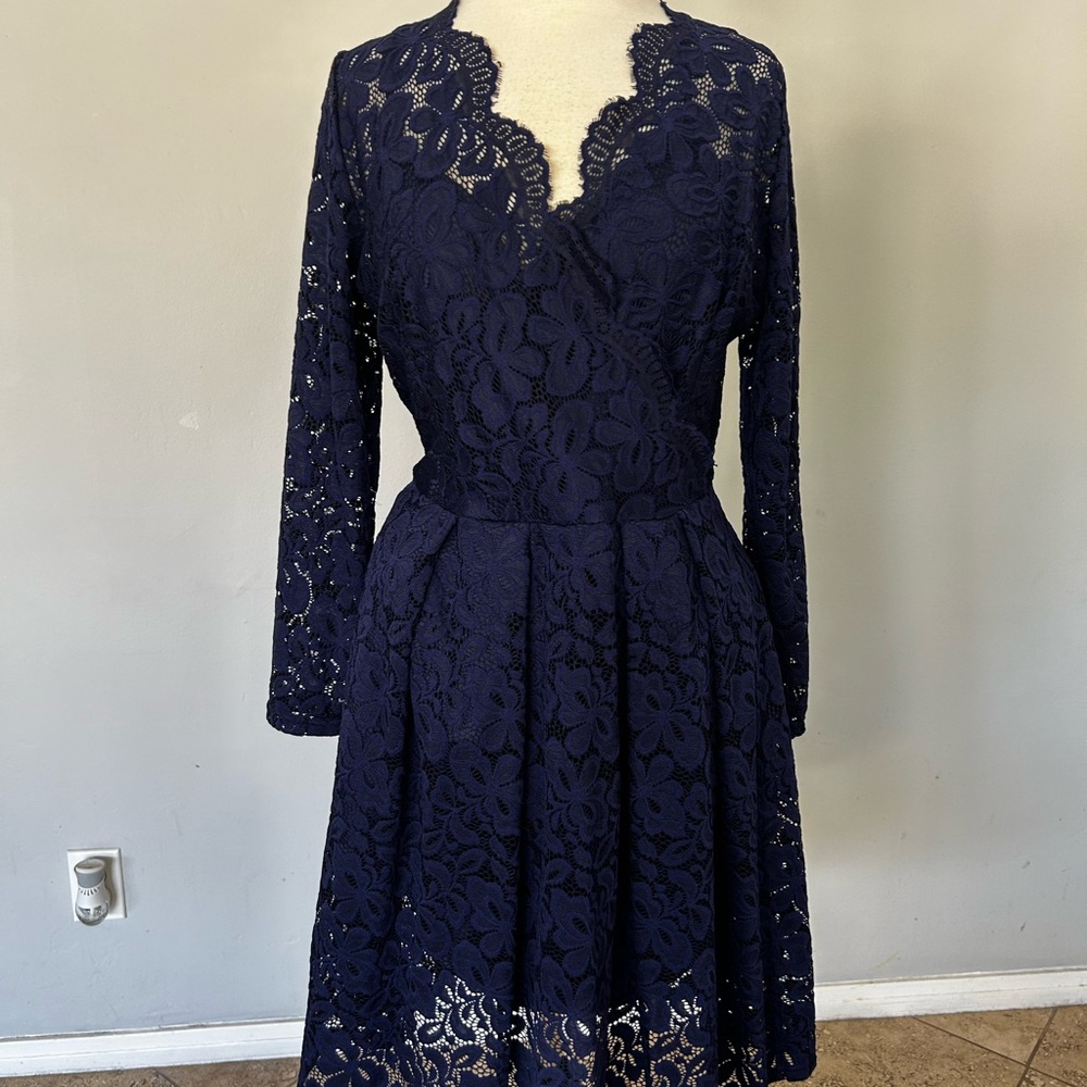 Women's Vintage Floral Lace Long Sleeve Boat Neck Cocktail Party Swing Dress